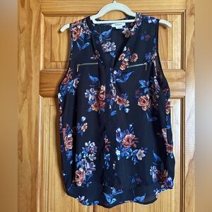 Persaya Black Floral Blouse with Zipper Accents